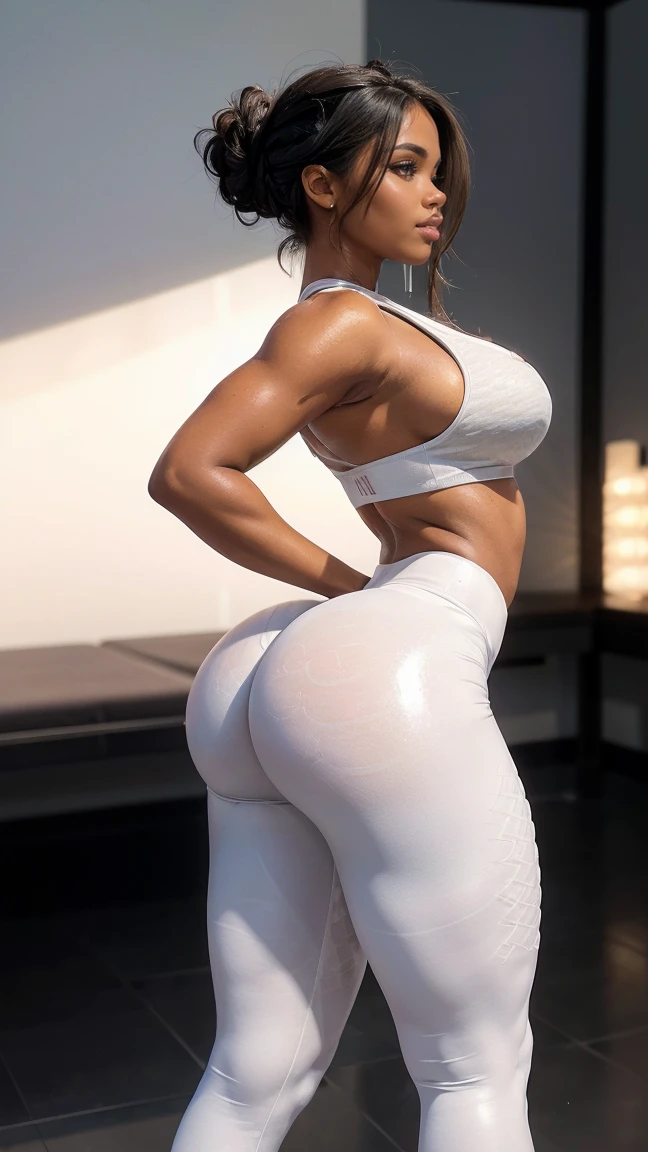 ((view from behind, side view)), ultra photorealistic, (UHD, retina, masterpiece, award-winning, accurate, anatomically correct, textured skin, super detail, high details, high quality, best quality, high res, 1080P, HD, 4K, 8k, 16k, 32k), (bright studio lighting), (dark skin:1.5), (bottomheavy), Sexy large derriere, (massive thighs), hourglass body shape, slim waist, wide hips, arousing curves, big ass, round ass, from behind, (gorgeous black skinned supermodel), (beautiful detailed hazel eyes, beautiful detailed lips, extremely detailed eyes and face), (physically-based rendering), vivid colors, ((wearing white yoga pants, sports bra)), (full body shot, whole body, shot from behind, shiny black French braid, side wept bangs, shiny skin, blush), (bokeh), eye reflection, blurred background, highly detailed skin texture, extreme details, perfect breast, dark tanned skin, freckles,, ultra detailed skin texture, soft lights, sexy pose, hands on hip (perfecteyes),