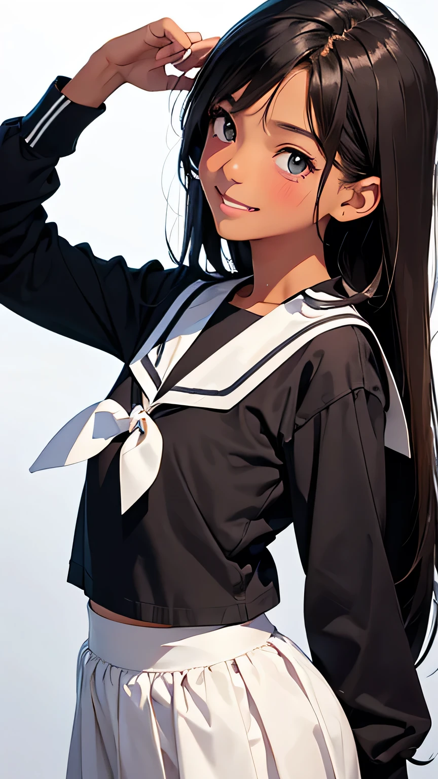 Highest quality、Realistic、、zoom、Primary school students、Girl、look up、cute、Light grey eyes、Black Hair、Long Straight Hair、Tanned brown skin、Dark Skin、Sailor suit、Shy laugh、Flat Chest、Bust Shot、Back view、thin