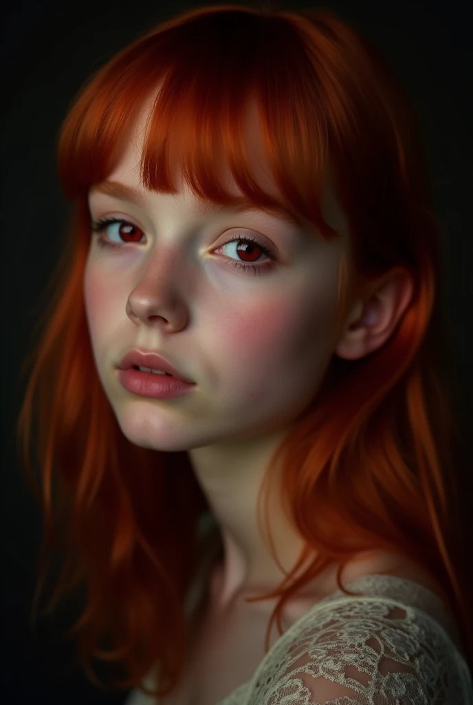 1 girl, star eye, blush, perfect lighting, Red hair, Eyes red, engine unreal, side lighting, face detailed, bangss, shining skin, simple background, darkness background