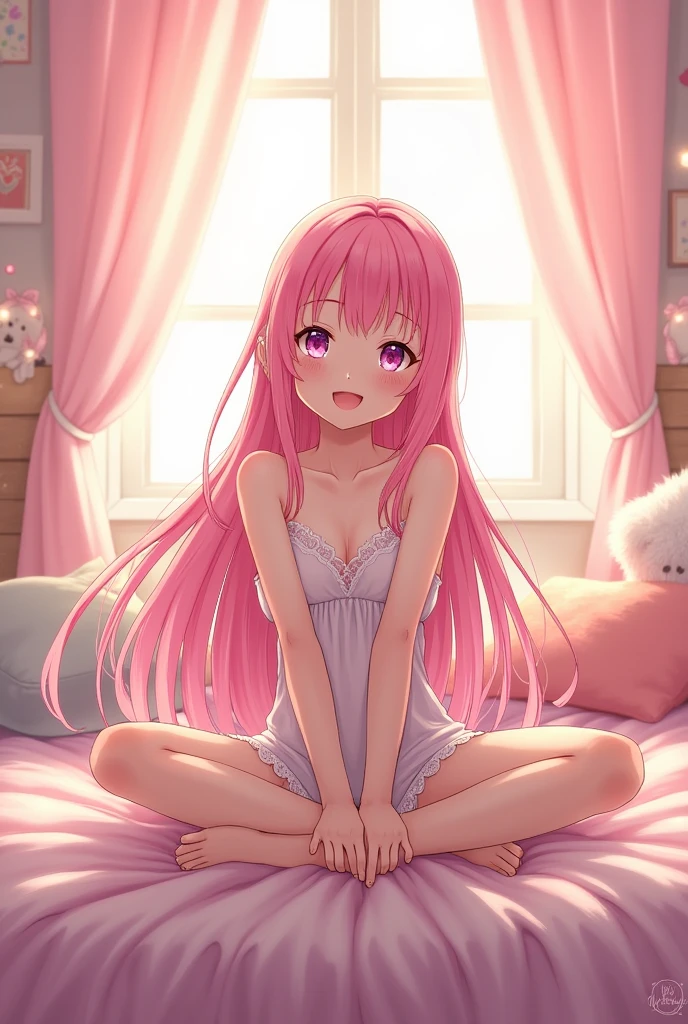 Anime girl sitting on the bed,cross legs, seductive anime girls, little curvy excited