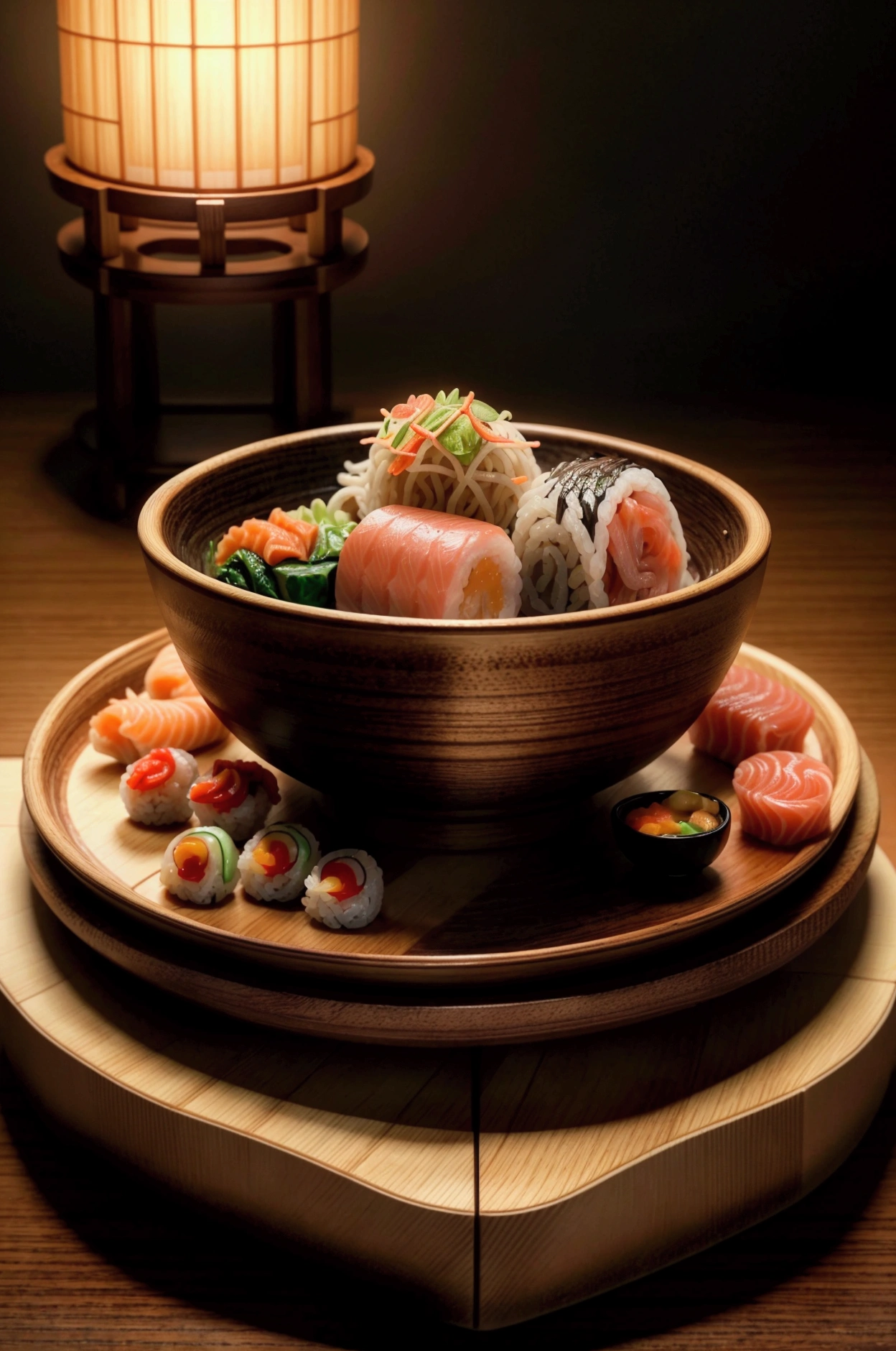 a delicious japanese meal, intricate food presentation, traditional japanese cuisine, steaming hot bowl of ramen noodles, sashimi platter with fresh raw fish, beautifully arranged sushi rolls, chopsticks, wooden table, natural lighting, minimalist japanese interior, (best quality,8k,highres,masterpiece:1.2),ultra-detailed,(realistic,photorealistic,photo-realistic:1.37),professional food photography,natural colors,warm lighting