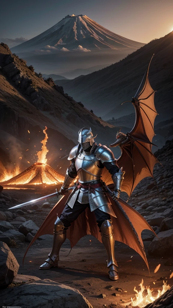 Create a medieval knight with a large sword and android armor fighting a dragon with a background of mountains and a fiery volcano.