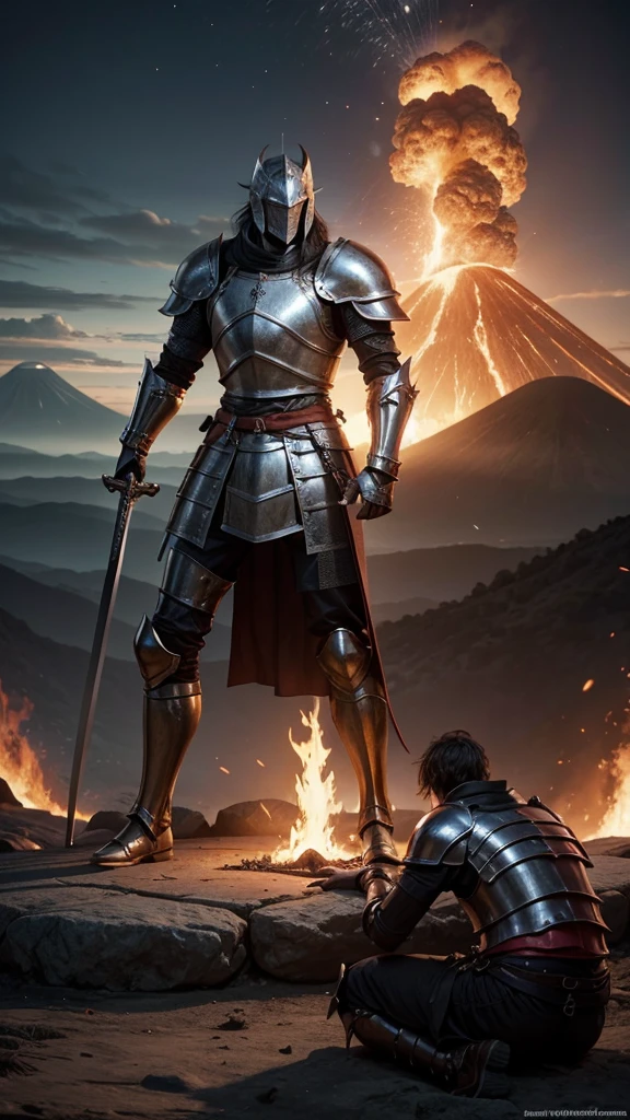 Create a medieval knight with a large sword and android armor fighting a dragon with a background of mountains and a fiery volcano.