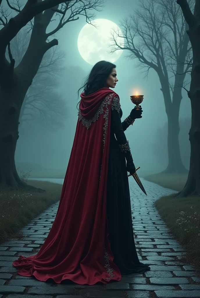 Woman in red and black cape with cup and knife in hand, at the crossroads 