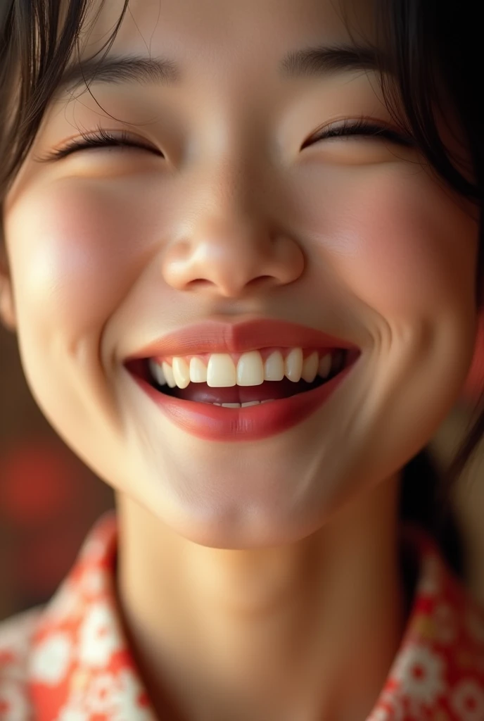 Extreme closeup of a japanese female mouth, eyes closed, very wide open and smiling