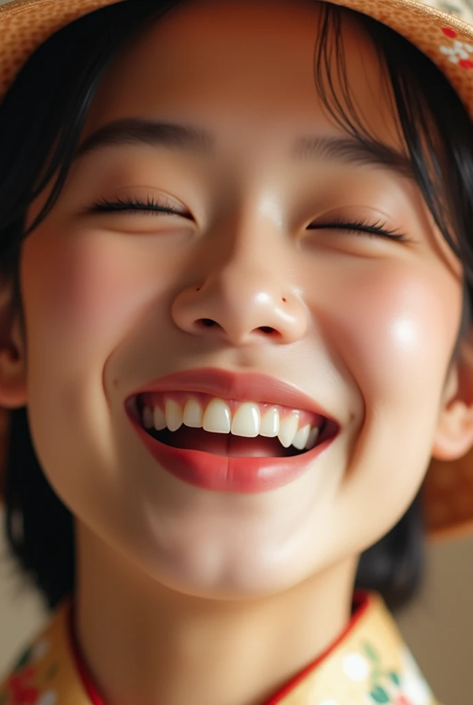 Extreme closeup of a japanese female mouth, eyes closed, very wide open and smiling