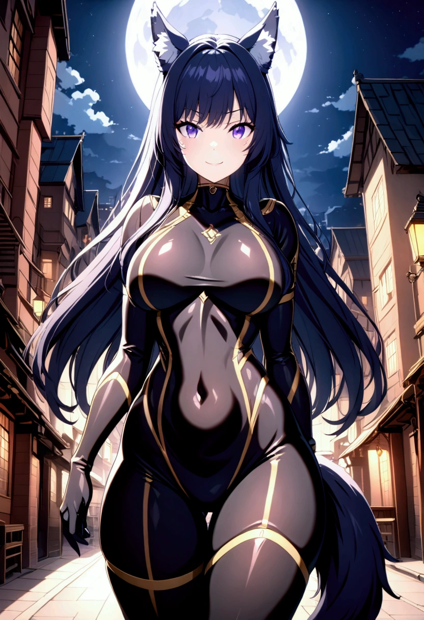 best quality, masterprice, 1girl, (solo:1.1), raytracing, ultra detailed,detailed face, 8k wallpaper, smile, wide hips, outdoor,night time,old town,moon, standing, outdoor,  DeltaNDV, long hair, animal ears, purple eyes, bangs, wolf ears, looking at viewer, wolf tail, bodysuit, tight clothes,  from front