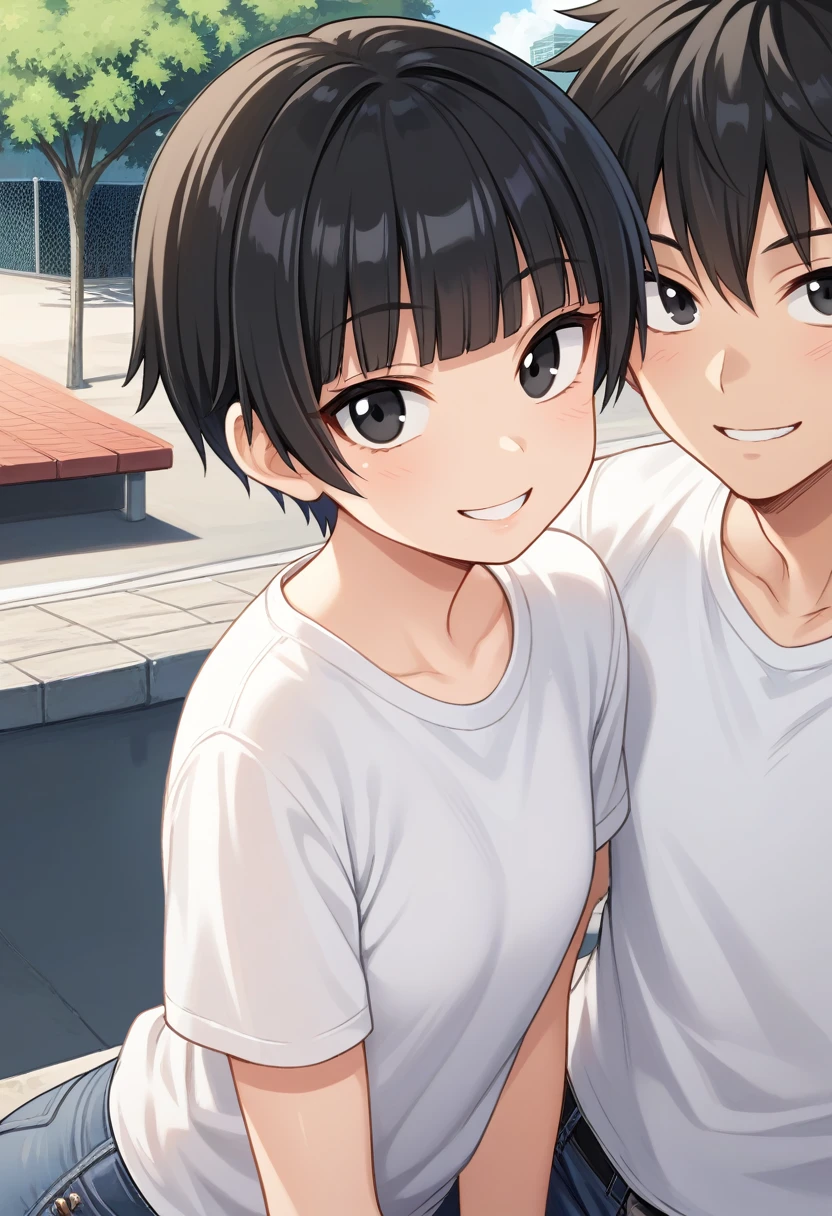 1girl, tomboy, straight hair, short hair, blunt bangs, black hair, score_9, black eyes, white t-shirt, jeans, outdoors, upper body, looking at viewer, smile, 1boy