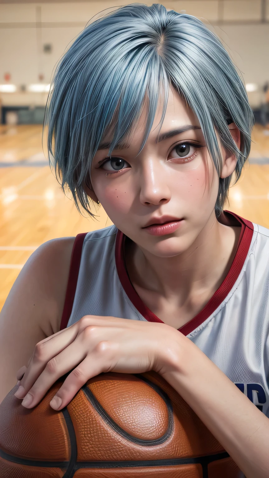 (medium shot, professional portrait :1.5),  
(1boy, solo), 
1boy, kuroko tetsuya, expressionless, closed mouth, 
looking at viewer, light blue hair, 
basketball uniform, basketball, 
beautiful face, (realistic face), 
beautiful hairstyle, 
realistic eyes, beautiful detailed eyes, 
(realistic skin), beautiful skin, 
golden ratio, 
(photorealistic, RAW photo : 1.4), 
(masterpiece, best quality:1.5), 
absurdres, attractive, 
ultra high res, ultra realistic, highly detailed, 
 basketball court, 
