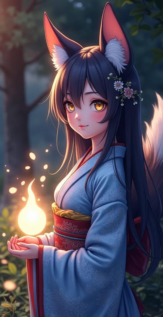a beautiful kitsune fox girl, 1girl, elegant fox ears and tail, intricate detailed face, striking golden eyes, delicate facial features, long flowing hair, detailed kimono dress, detailed ornate patterns, ethereal glowing aura, fantasy landscape background, detailed foliage and trees, sunlight filtering through the leaves, cinematic lighting, vibrant colors, digital art, concept art style, (best quality,4k,8k,highres,masterpiece:1.2),ultra-detailed,(realistic,photorealistic,photo-realistic:1.37)