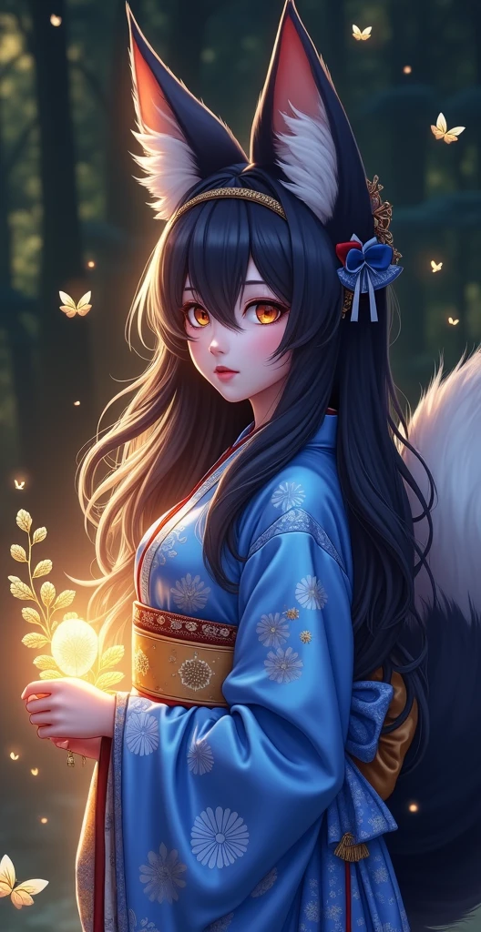 a beautiful kitsune fox girl, 1girl, elegant fox ears and tail, intricate detailed face, striking golden eyes, delicate facial features, long flowing hair, detailed kimono dress, detailed ornate patterns, ethereal glowing aura, fantasy landscape background, detailed foliage and trees, sunlight filtering through the leaves, cinematic lighting, vibrant colors, digital art, concept art style, (best quality,4k,8k,highres,masterpiece:1.2),ultra-detailed,(realistic,photorealistic,photo-realistic:1.37)
