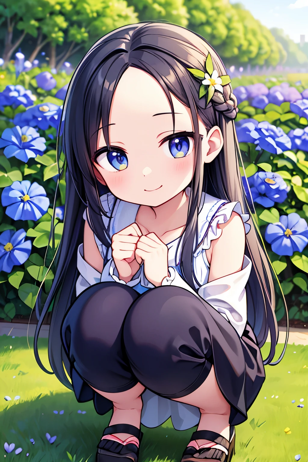 Photorealistic、(smile、hairpin、A hairstyle that reveals a large forehead、A hairstyle parted in the middle、No sleeve、Squatting down to observe the flowers)、Taking a walk through a garden where morning glories are blooming.、Morning Dew