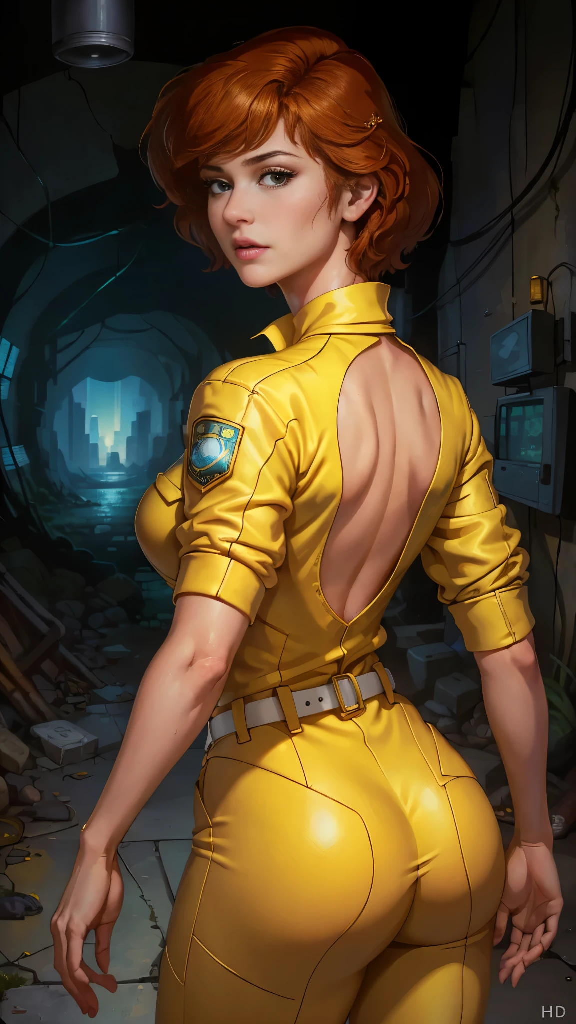 (rear view, backside view),unreal engine:1.4,UHD,The best quality:1.4, photorealistic:1.4, skin texture:1.4, masterpiece:1.8,Posing behind April O'Neil waifu, 1980s \(style\), 1 woman, brown hair, Red hair,short hair,orange hair,serious expression, worried expression, Retro art style, short hair, only, female television reporter, yellow jersey suit, white belt,jersey suit on yellow hips, (naked_old: 1.2), half_old, neckline, hyperrealistic eyes, beautiful eyes,detailed eyes, realistic face, beautiful woman woman, realistic background,Inside a cyberpunk sewer tunnel, Amazing lights, amazing background, TV reporter, high quality, (RAW photo, best quality), (realistic, photorealistic: 1.4), (extremely delicate and beautiful: 1.4), amazing, fine details, masterpiece, ultra detailed, high resolution, best illustration, best shadow, intricate, ( extremely intricate: 1.2), (exquisitely detailed skin), cinematic light, perfect anatomy, (cool color: 1.4), sharp focus, 8k UHD, DSLR, (Fujifilm XT3),(tiene un hermoso culo :1.4), (85mm F/1.4), (anatomía perfecta detallado :1.4) 