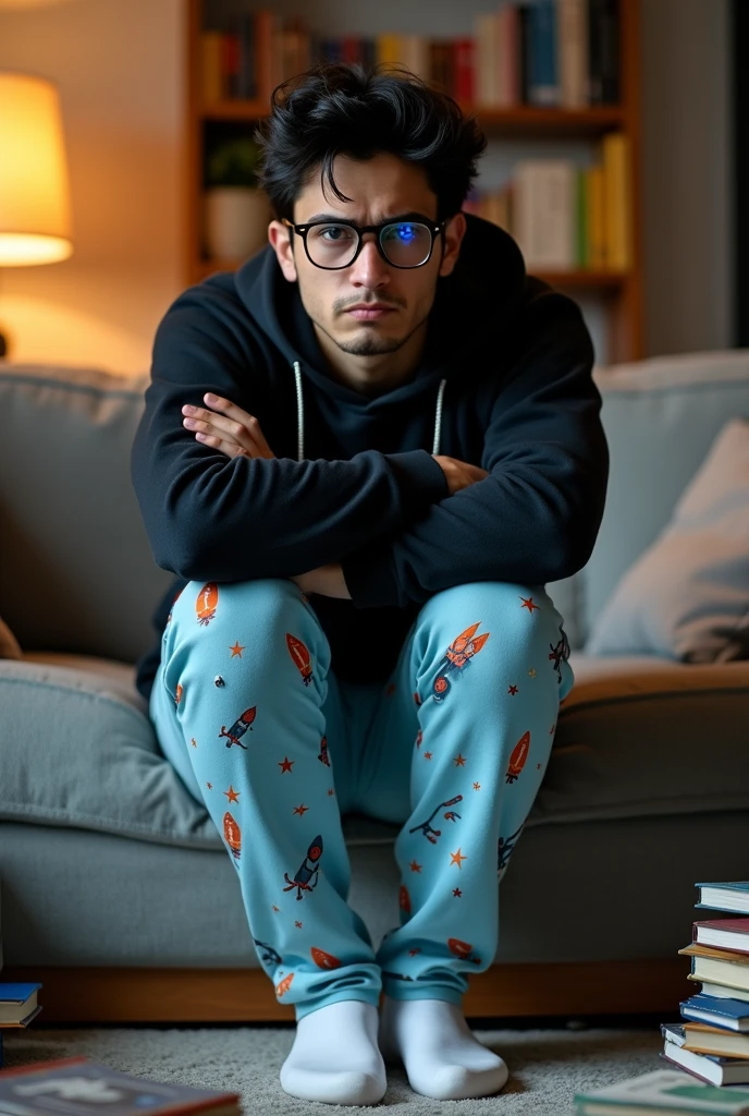 Picture of universitary guy sitting in the living room couch with a cute pijama pants.... guy is angry and arms crossed. Looking at the camera. The pijama pants is: tight and small, sky blue color with colorful rocket and star prints. Guy has black hair. Guy has wearing a black hoodie, nerd glases, black stocks and white shoes. 