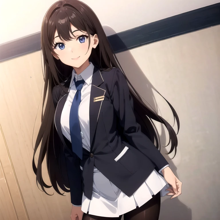 1girl, school uniform, white shirt, black skirt, light brown hair, long hair,  smile, blue tie,long sleeves,black pantyhose, black blazer over brown cardigan,standing