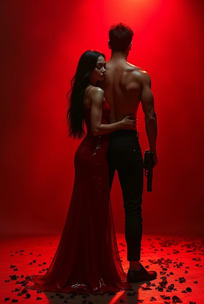 Tall white-skinned girl with long black hair and dressed in a long red shiny dress next to the girl is a tall handsome muscular man with white skin and black hair while holding a gun in his hand and with his arm around the girl's waist in the background of the image there is red lighting with black and petals on the ground