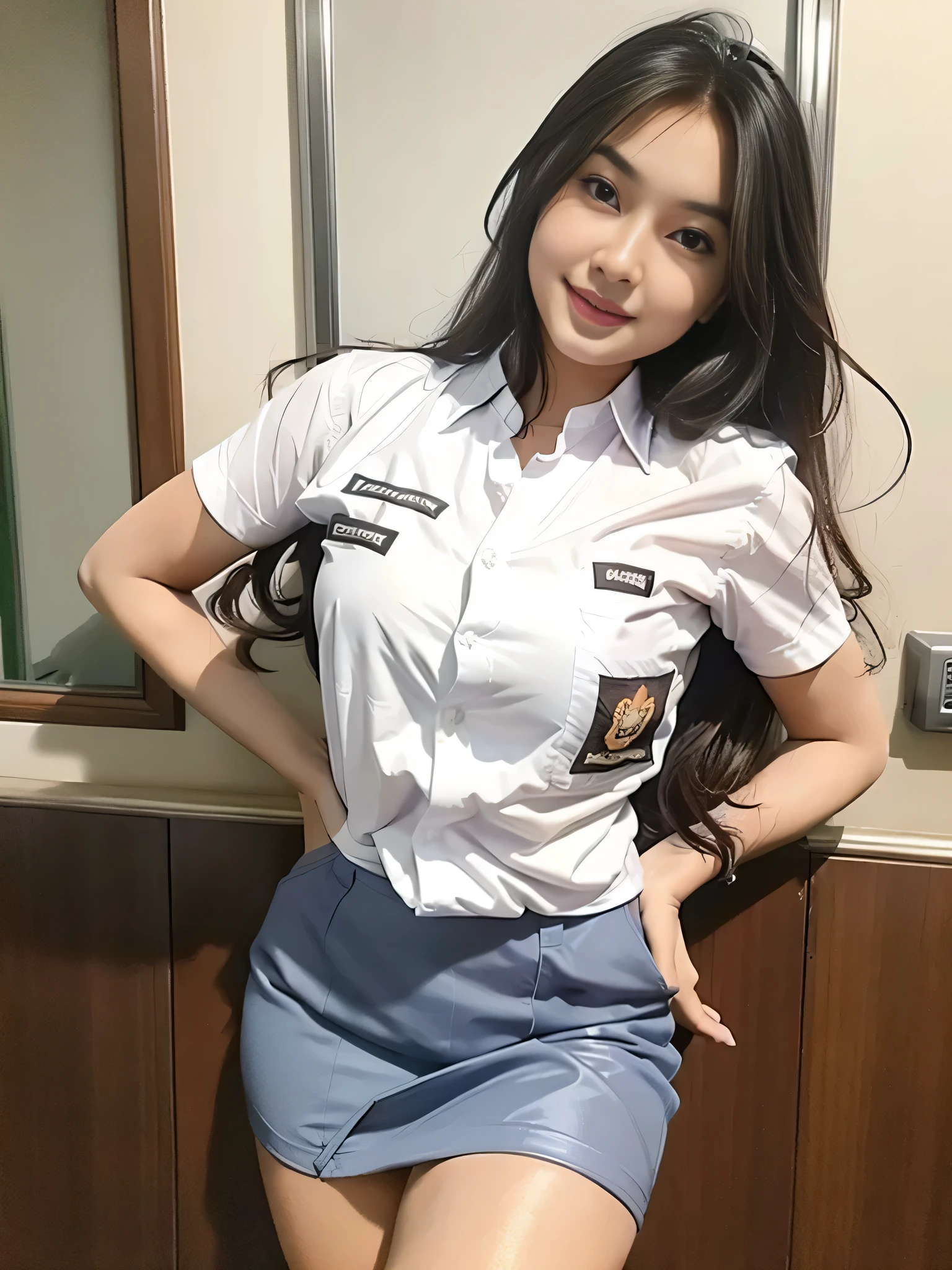 1girl, solo, (Indonesian_high_school_uniform), model pose, Classroom, bright light, detailed face, detailed eyes, amazed face expression, wide view, large breasts, semi-curvy, smooth realistic skin, hands behind back, looking at viewers, wearing white shirt, wearing grey blue very short miniskirt, (8k, RAW photo, best quality, masterpiece: 1.2), (realistic, realistic: 1.5), ultra-high resolution