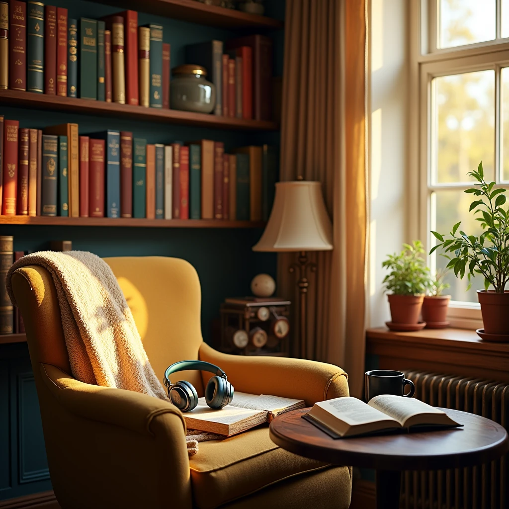 Create a vibrant and engaging illustration that captures the essence of "Books & Audiobooks." The scene should feature a cozy reading nook filled with an array of colorful books stacked on shelves, alongside a comfortable armchair. Include a pair of headphones resting on a nearby table, symbolizing audiobooks. Sunlight should filter through a window, casting warm light on the pages of an open book. The atmosphere should evoke a sense of tranquility and joy, inviting viewers to immerse themselves in the world of literature.
