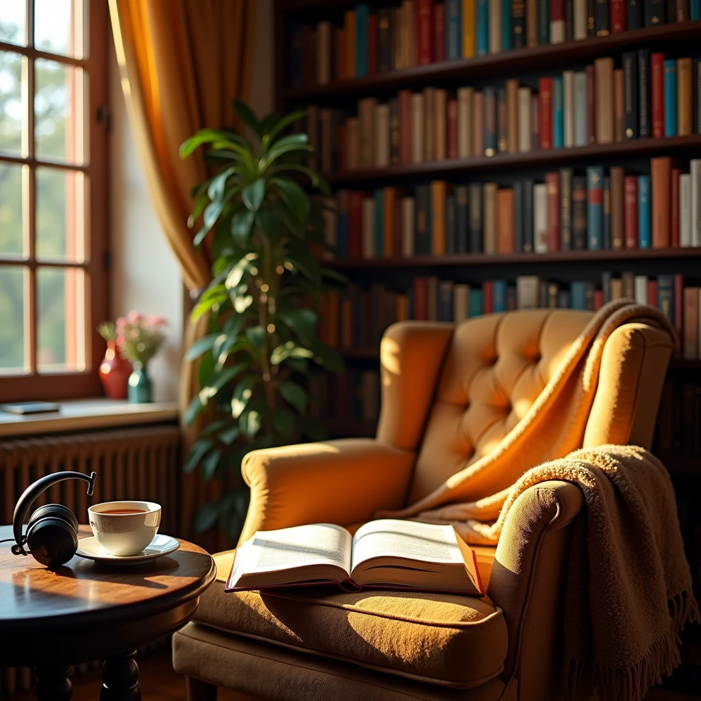 Create a vibrant and engaging illustration that captures the essence of "Books & Audiobooks." The scene should feature a cozy reading nook filled with an array of colorful books stacked on shelves, alongside a comfortable armchair. Include a pair of headphones resting on a nearby table, symbolizing audiobooks. Sunlight should filter through a window, casting warm light on the pages of an open book. The atmosphere should evoke a sense of tranquility and joy, inviting viewers to immerse themselves in the world of literature.