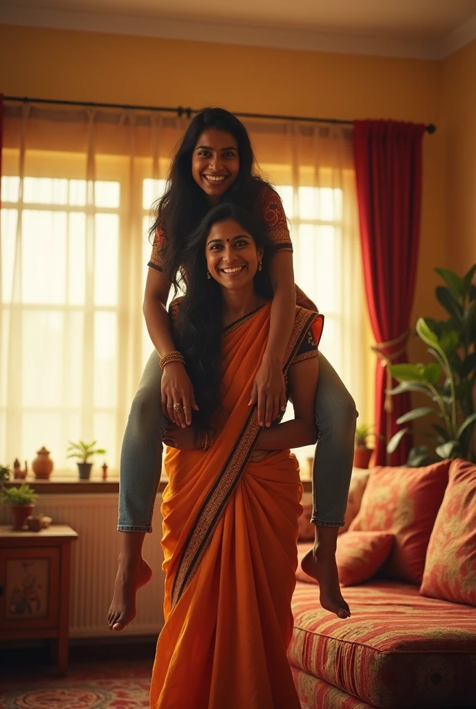 Create a realistic photograph of a smiling and beautiful indian hot housewife lifting and carrying a large man on her shoulder inside a room, man is sitting on top of her shoulder, woman standing at bottom