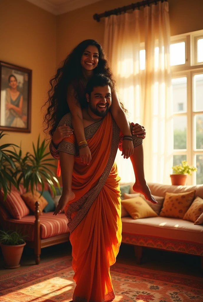 Create a realistic photograph of a smiling and beautiful indian hot housewife lifting and carrying a large man on her shoulder  inside a room, man is sitting on top of her shoulder, woman standing at bottom 