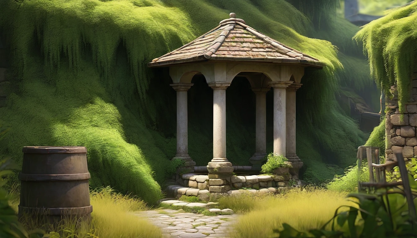 an isolated street, surrounded by dense bushes, There was an old well,