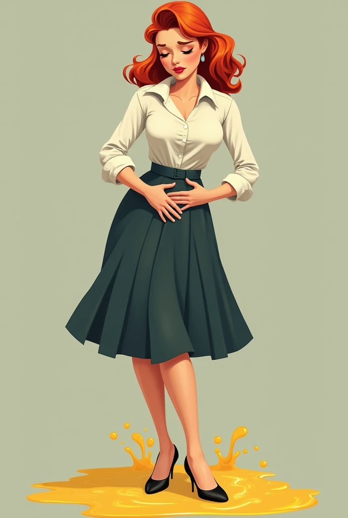 Businesswoman, 1950's style, redhead, curvy, wearing skirt, confident, desperately needing to pee, losing control of her bladder, peeing herself, wetting herself, looking very embarrassed, feeling humiliated, blushing, a visible wet pach or urine on her skirt, urine gushing down her legs, her hands pushed into her crotch, her legs crossed, pee gushing down her legs, a large puddle of yellow pee underneath her, visible liquid gushing out from her crotch.