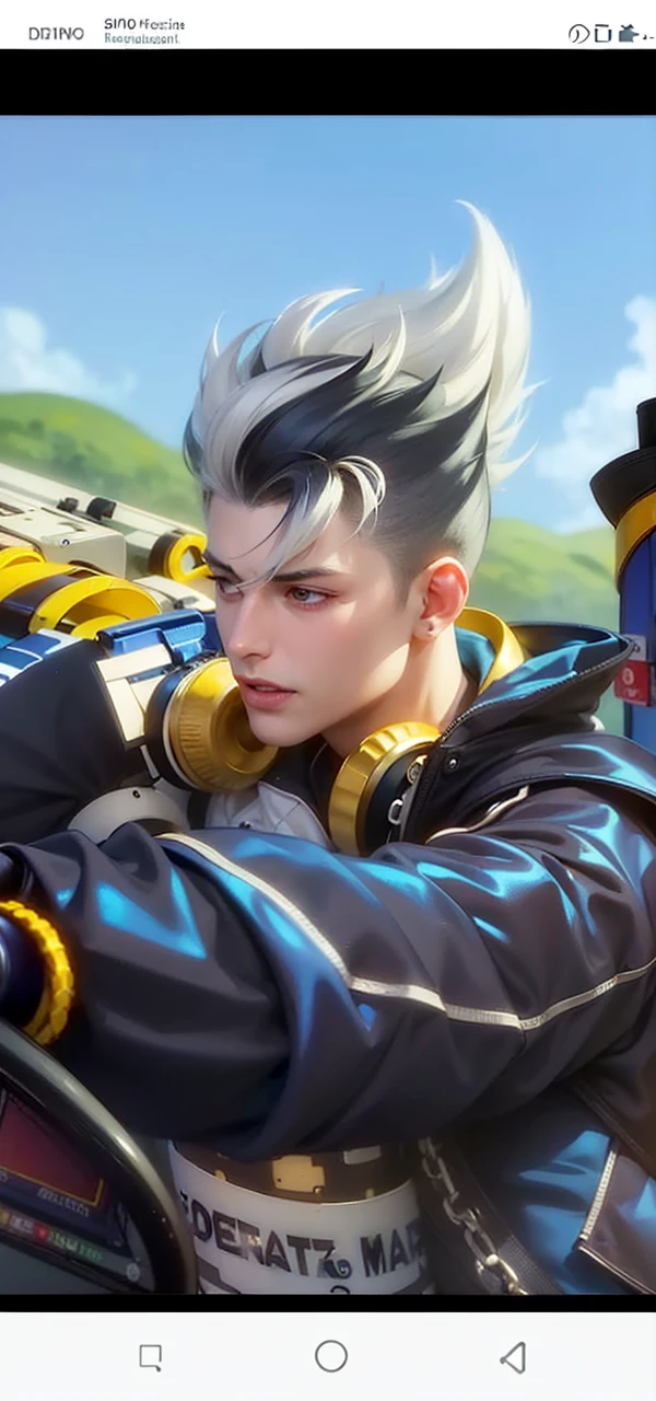 masculine male, masterpiece, ((perfect eyes)) best quality, (semirealism:1.9), beautiful lighting, (extremely detailed CG unity 4k fhd wallpaper), High Detail, Sharp focus, dramatic outdoors, 1 boy ,19 years old, he wear a sunglasses,white hair, light purpel eyes, smile.