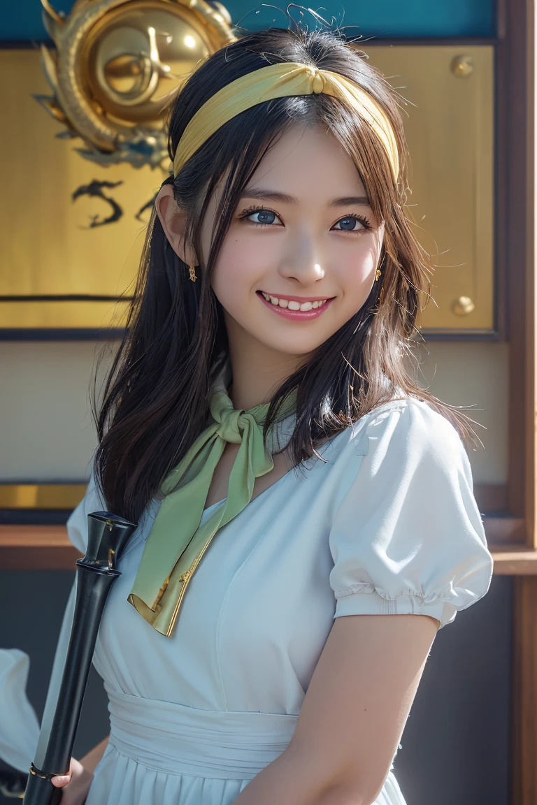 (8k, RAW Photos,Highest quality, High resolution:1.1), (Ultra-realistic:1.4),(Realistic, Realistic:1.3),The Beauty of Japan、((smile:1.3))、Okinawa(Ocean:1.4)、(Dragon Quest Sage,dq3,White Dress,golden headband,Staff of Enlightenment,Lotto Emblem:1.5)