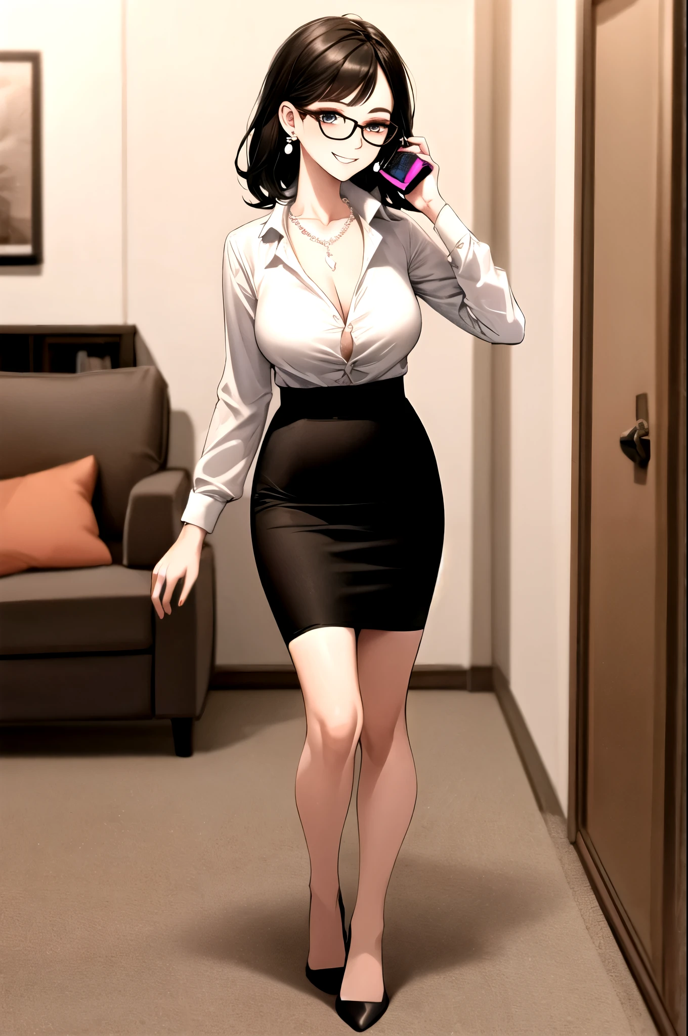 ((super high quality,Ultra-high resolution,4K,8k,super masterpiece,Ultra HD ,Detailed shading)),Looking at the camera,The living room bathed in morning sunlight,Full body photo,A seductive mother,popped collar White shirts,Tight collar,Long sleeve,Show the hem,BLACK Pencil Skirt,sexly,Glasses,smile,Pearl Earrings,Pearl Necklace,Engagement Rings,Hold your phone to your ear,slouch,