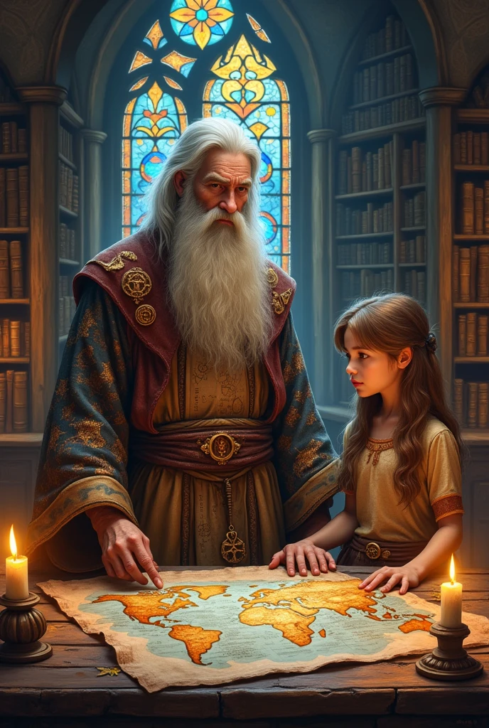 A Wise Man or Wizard who teaches a brown-haired boy and a brown-haired girl about the history of his kingdom with a map