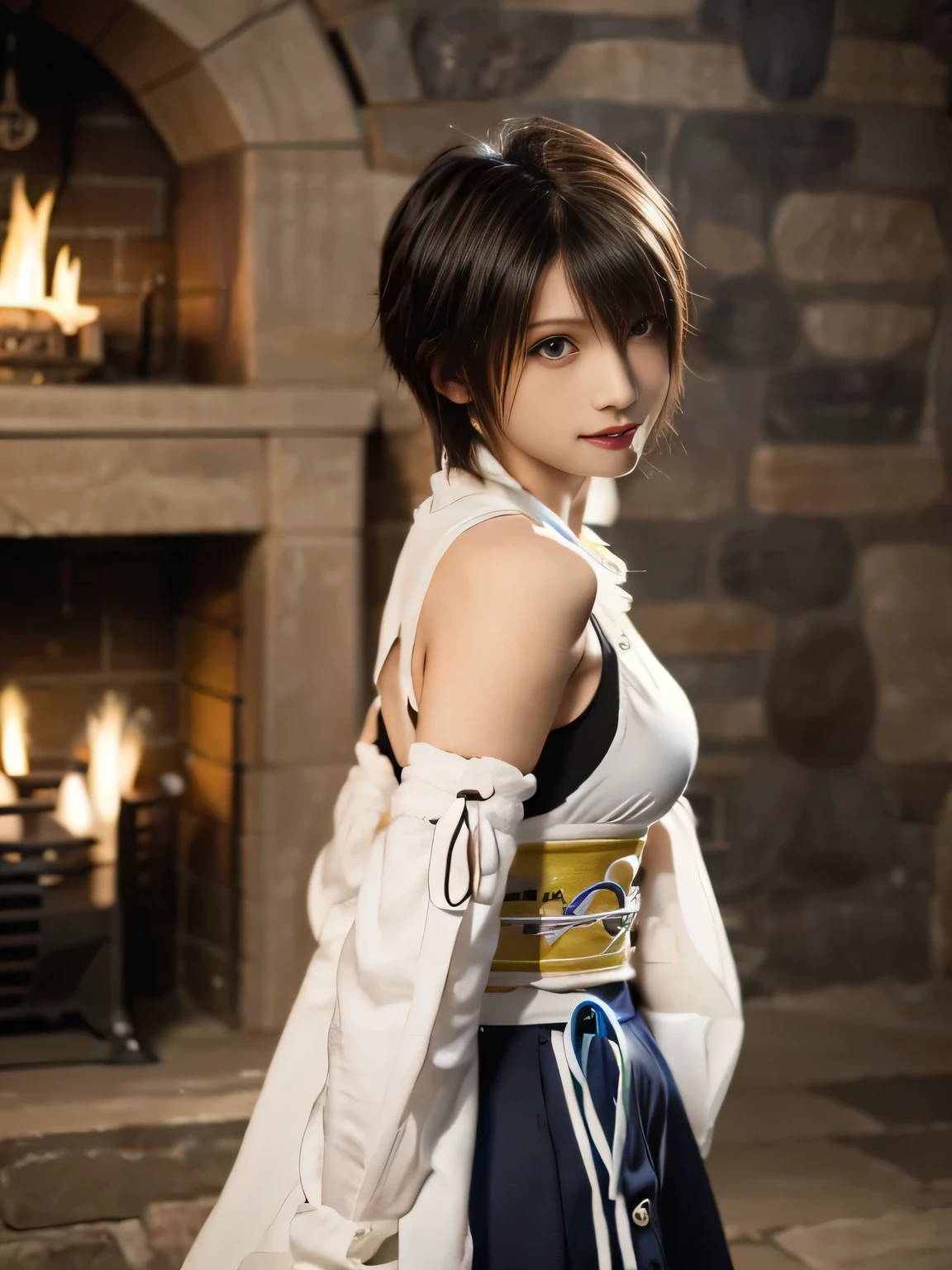 20 year old Japanese beauty，One person、Muscular body like a bodybuilder、Emphasize the breasts、Slit eyes、A head-to-toe view，Bust is very very large、The background is a medieval European kitchen、High quality photos、Clear, crisp images of the lower body、Masterpiece 8k、Smiling、Warming my hands by the fireplace、From the front, from the side, from the back, etc.々from what camera angle to shoot、FF10 Yuna's outfit、
