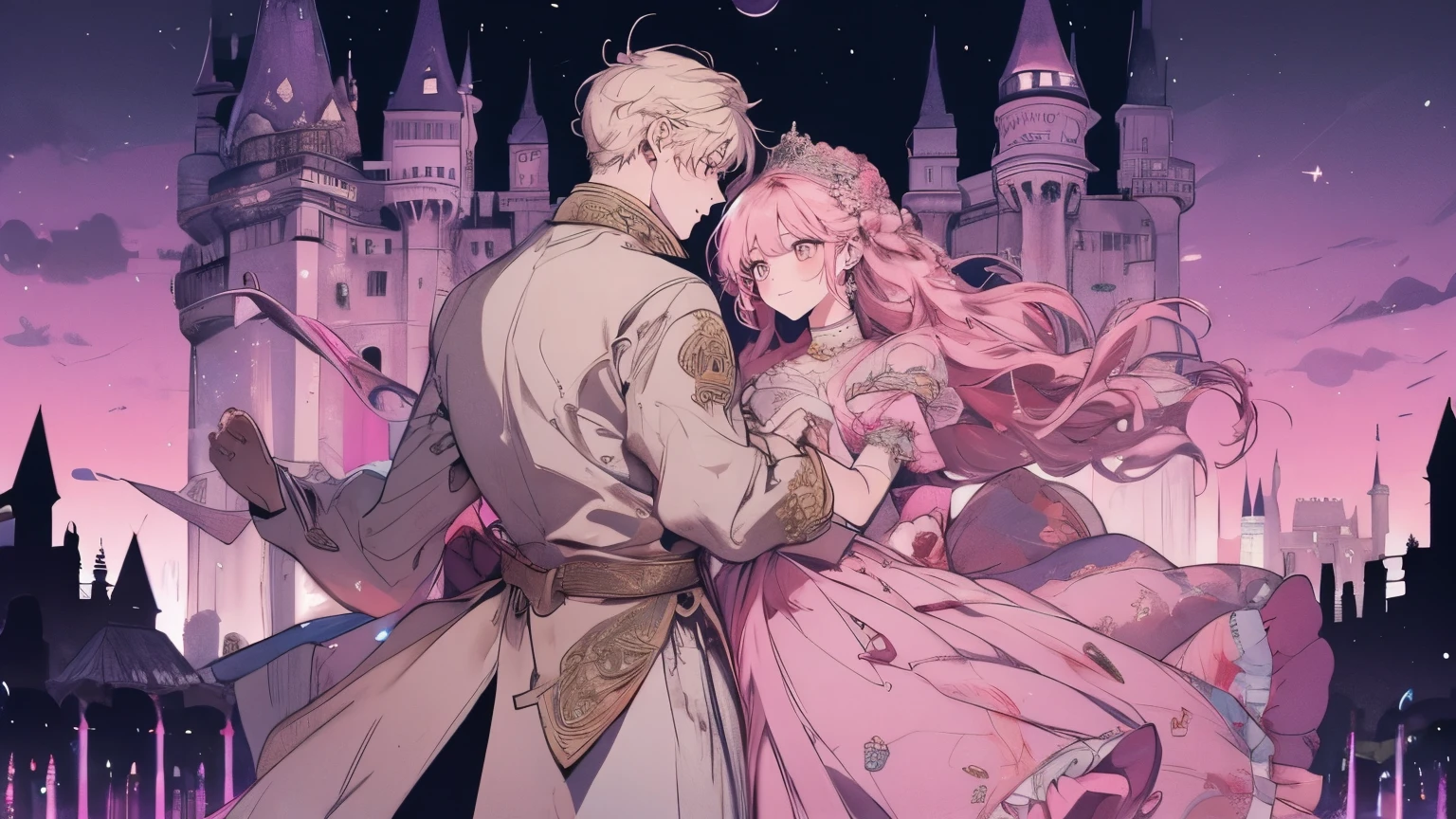 Princess、Prince、Pink long dress、Dance、Castle、smile
