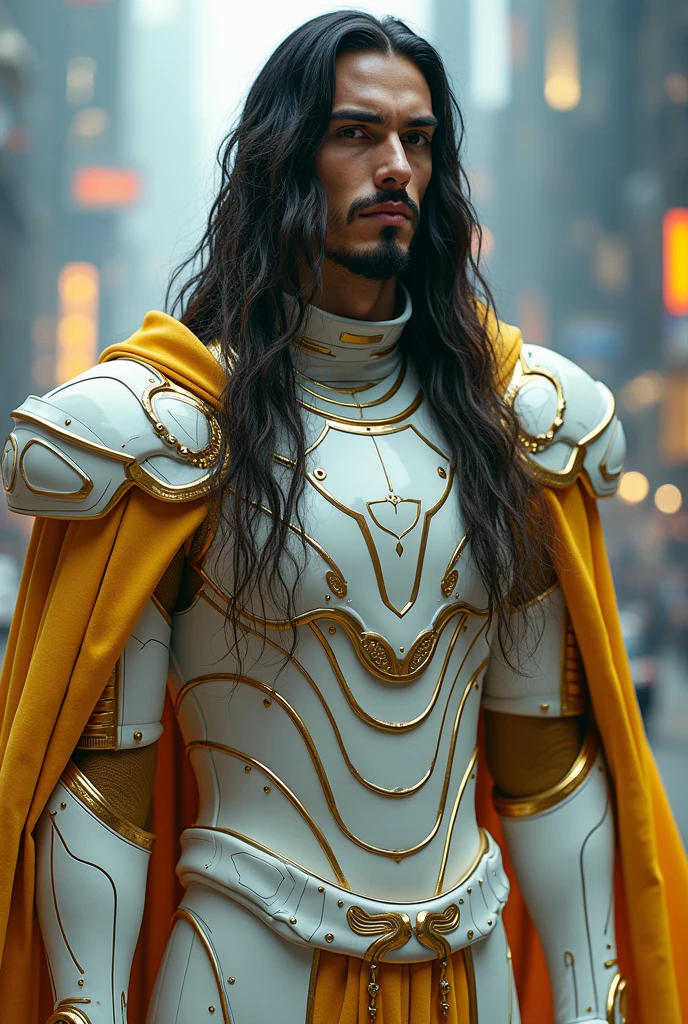 Make a man with black and blonde hair, long hair with white and gold futuristic armor and a gold robe, White skin