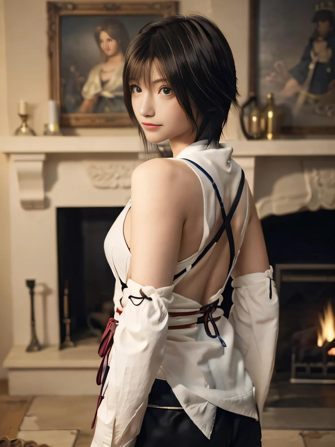 20 year old Japanese beauty,One person、Muscular body like a bodybuilder、Emphasize the breasts、Slit eyes、A head-to-toe view,Bust is very very large、The background is a medieval European kitchen、High quality photos、Clear, crisp images of the lower body、Masterpiece 8k、Smiling、Warming my hands by the fireplace、From the front, from the side, from the back, etc.々from what camera angle to shoot、FF10 Yuna's outfit、