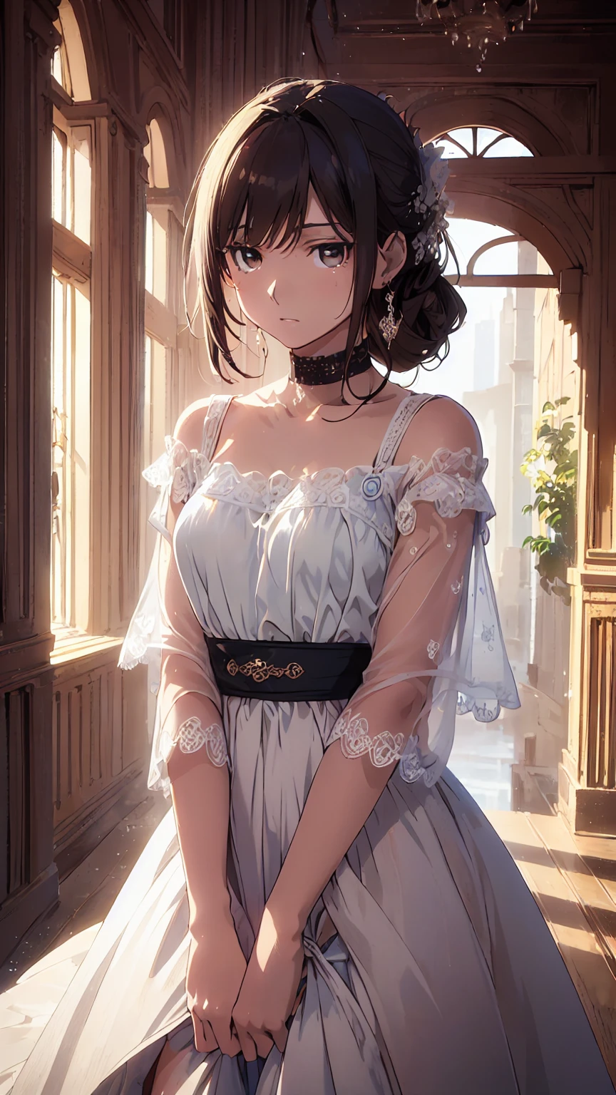 masterpiece, Highest quality, High resolution, one person's, Hamriz, ponytail, Brown eyes,big , Micro Bikini、Beach,Outdoor、Upper body close-up、Muscular body、blush、Sweat、Composition from the front、anime、(((Light blue bikini、Stand in front、audience、Adult women、sex appeal、Glamour、Facing forward)))