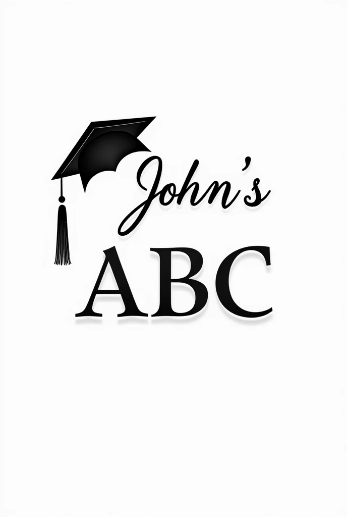 Black and white image of a text "John&#39;s ABC" and a graduation cap with a very delicate but thick font