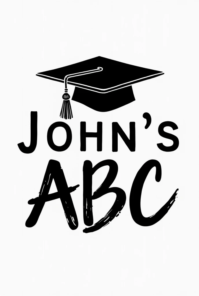 Black and white image of a text "John&#39;s ABC" and a graduation cap with a very delicate but thick font