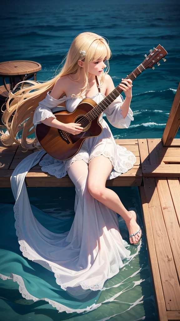 ultra-high precision, ultra-high resolution, 16K, best quality, exquisite, intricate composition, beautiful mermaid, french, blonde hair, orchestra, play the guitar, fantastic, on the deck, sea, ultra wide angle, full body, illustration style