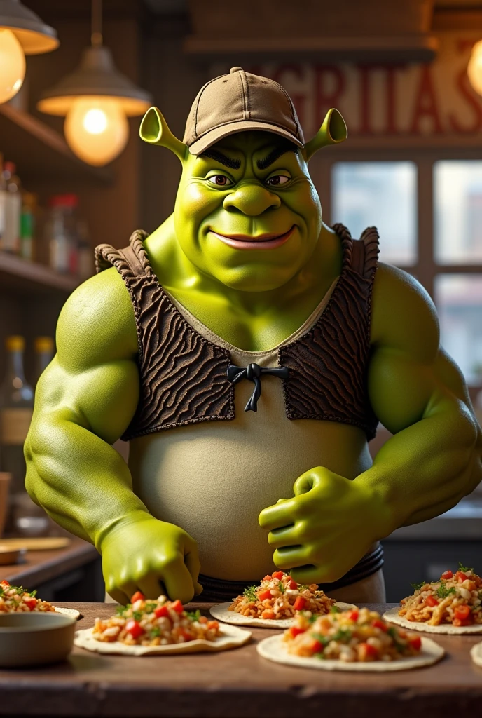 Image of a muscular Shrek wearing a baseball cap ,with a mean face and working in a tortilla shop