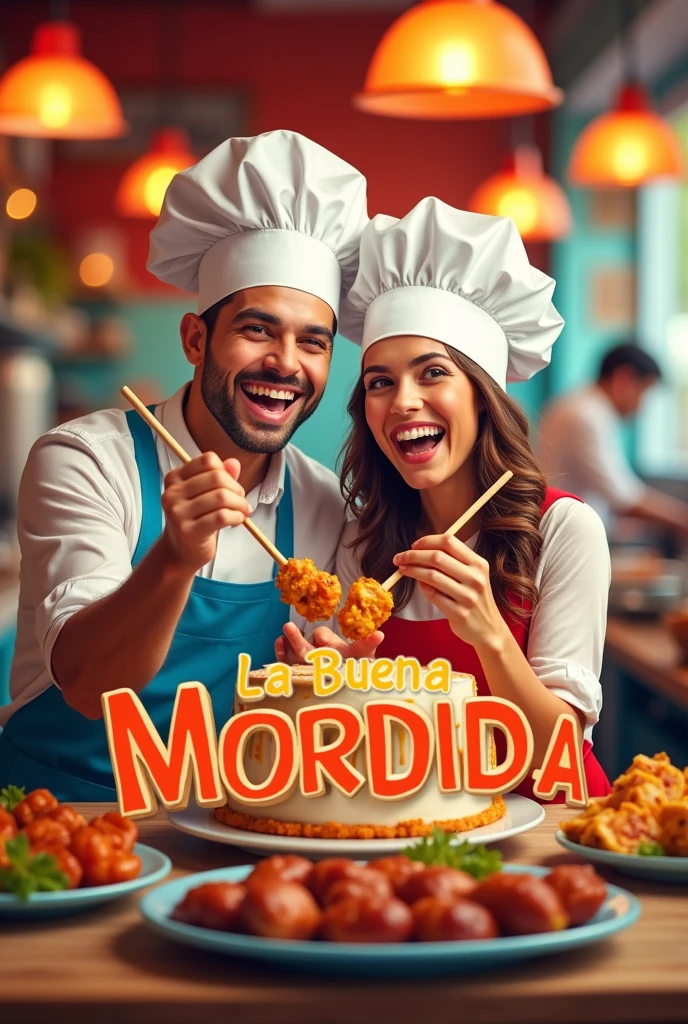 Young couple chef cake and skewer logo for a fast food restaurant named La Buena Mordida