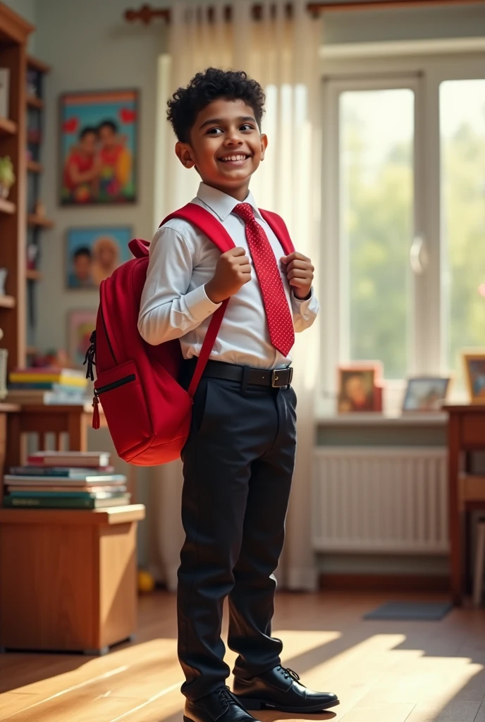 An Indian boy getting ready for school by dressing up with a white shirt red tie black pant black shoes with a bag full of books red colour bag on his back school bag