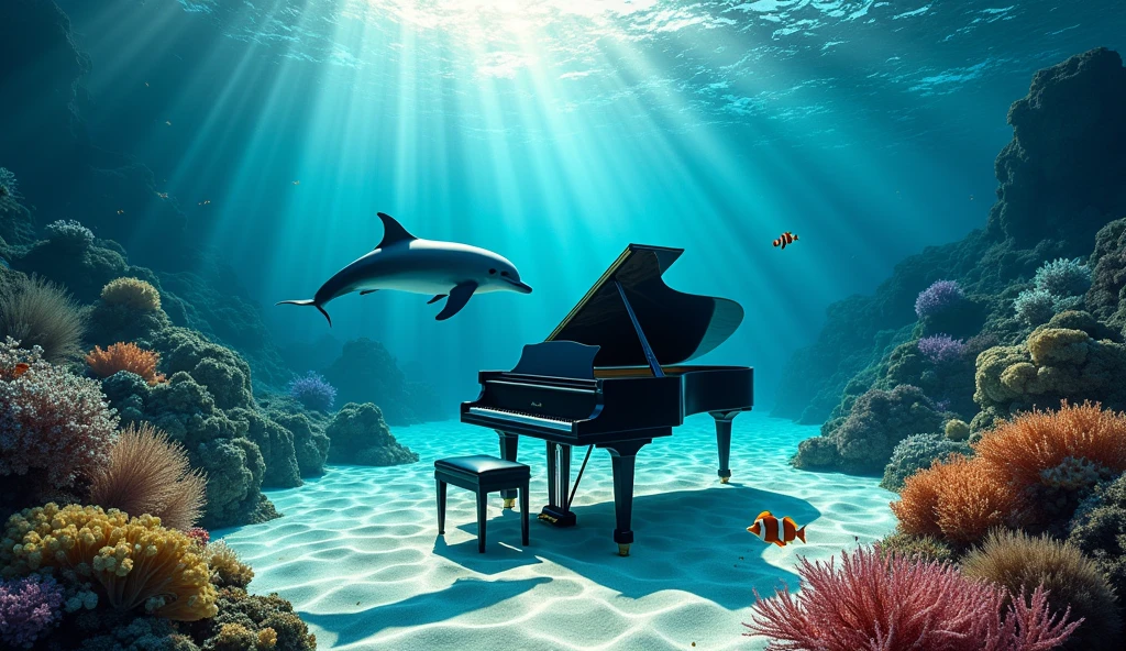 seaweed、Two dolphins swim out from the depths, a sunken ship is visible. Colorful coral reef "A stunning underwater scene featuring a black grand piano resting on a sandy seabed. Several dolphins swim gracefully around the piano. Sunbeams filter into the clear water from the top right of the screen, creating beautiful patterns on the sand and piano. The overall atmosphere is tranquil and mesmerizing, with the piano standing out against the vibrant blue tones of the ocean. The dolphins are playful and inquisitive, enlivening the serene underwater environment. The image is realistic, capturing fine details of the piano, dolphins, and underwater light effects." A pair of clownfish swim gracefully around colorful coral. Change the composition to a top-down view
