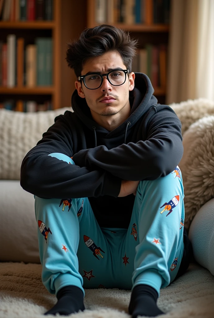 Picture of universitary guy sitting in the living room couch with a cute pijama pants.... guy is angry and arms crossed. Looking at the camera. The pijama pants is: tight, sky blue color with colorful rocket and star prints. Guy has black hair. Guy has wearing a black hoodie, nerd glases, black stocks and white shoes.