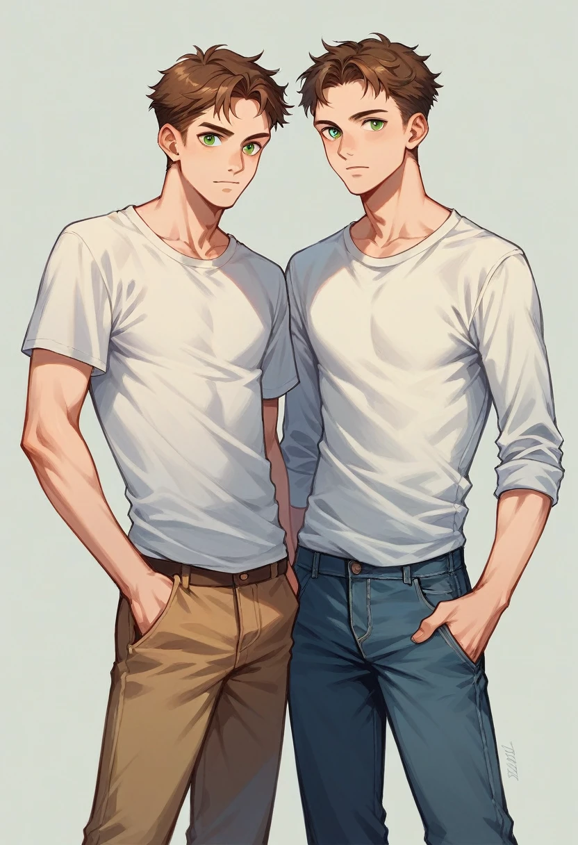 Young man with brown hair, thesis clara, green eyes, wearing pants, shirt, 