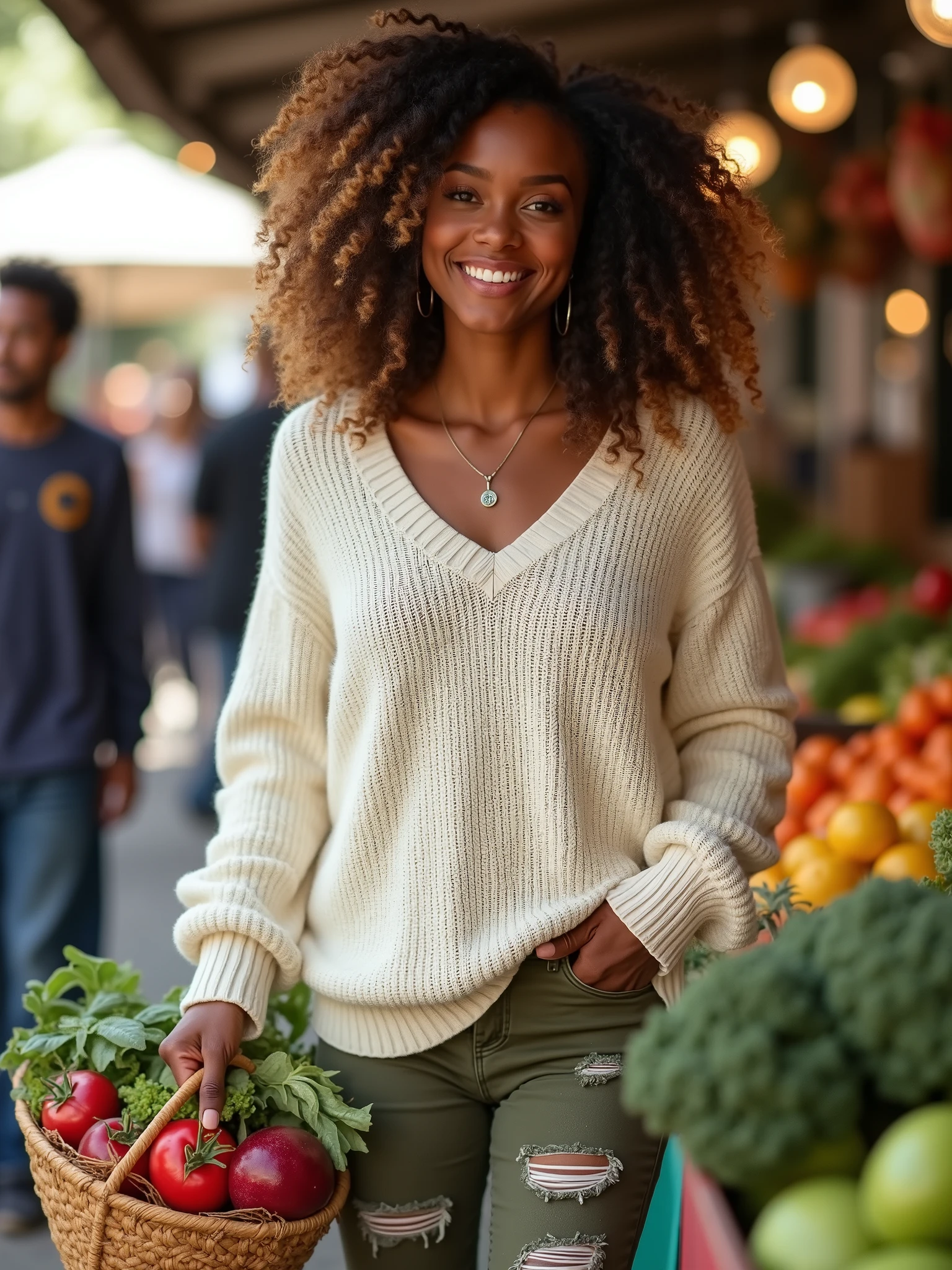 A fierce and confident woman with deep hazel eyes, rich cocoa skin, and voluminous hair now in a mix of deep Chocolate Brown and Honey Blonde highlights. She’s wearing a soft, oversized Ivory sweater with distressed Olive Green jeans. (She’s walking through a local farmers' market,) casually browsing the stalls with a basket in hand, filled with fresh produce. (Her accessories include comfortable Tan ankle boots and a Maroon infinity scarf.) (She’s smiling warmly at a vendor,) enjoying the lively, community atmosphere of the market. Soft, natural lighting, mid-body pose.