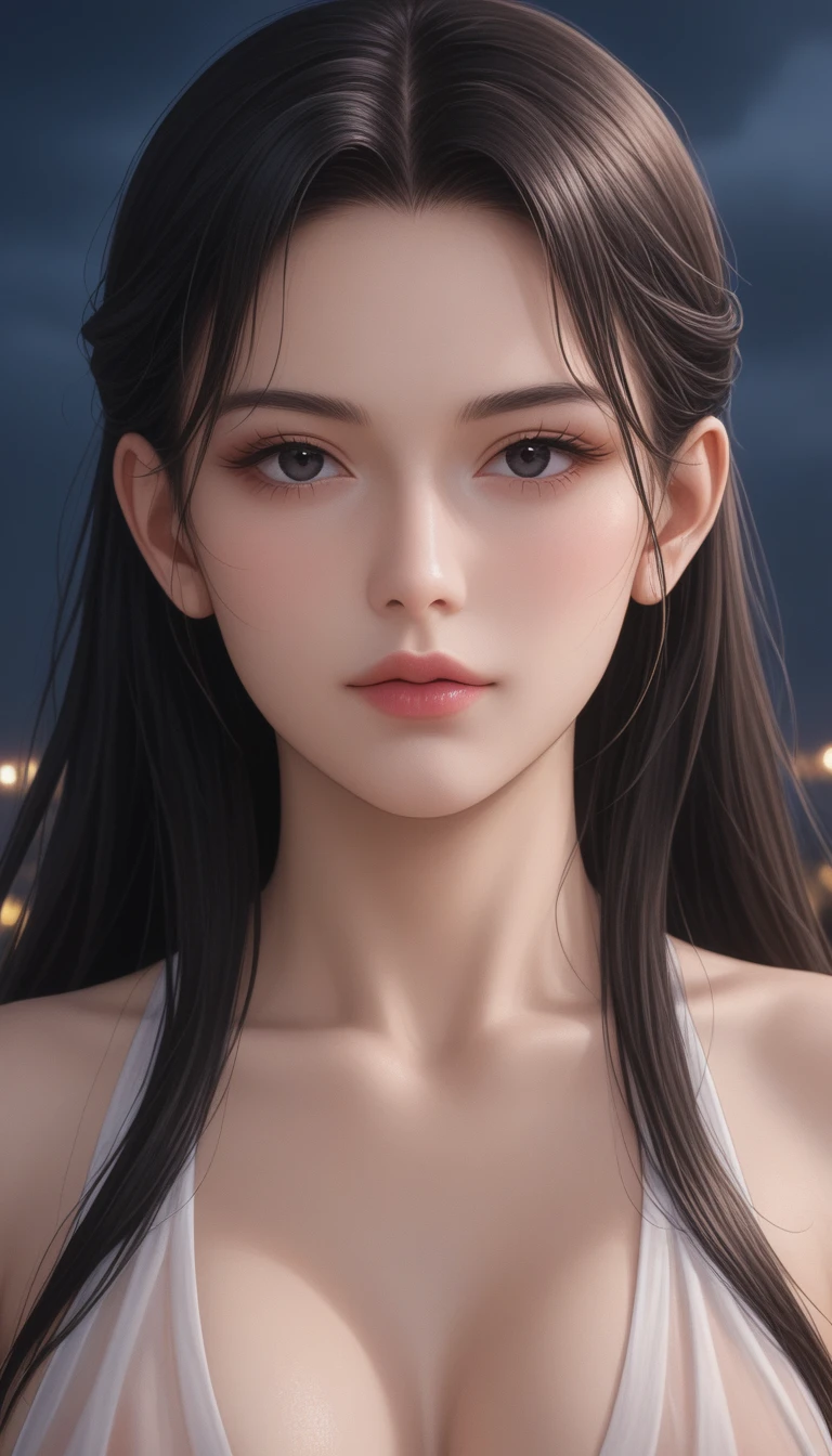 score_9, score_8_superior, score_7_superior, High-resolution CG illustration,A masterpiece in 32K resolution,Highest quality,it is really amazing,Very detailed,Ultra-high resolution,Ultra-realistic,Realistic,Increased depth of field,Cinematic lighting,
Sexy mature Japan woman,
Glossy black hair,Wavy long hair,Showing his forehead,god々Beautiful,Ultra-detailed and beautiful face,Sensual look,Beautiful dark brown, moist eyes,Pitch black eyes,Glowing, moisturized skin,Translucent white skin,born々New skin texture,Great proportions,
Ancient Roman Greek style silk draped dress,
Wide open chest design,シルクborn地の詳細な質感,
A dark and blurry night background,Dark overcast sky on a dull night,Dark clouds filling the sky,Thundercloud,Coastline at night,Golden reflections on the sea surface,delay々A desolate sandy beach that continues,
Beautiful face close-up,High angle,