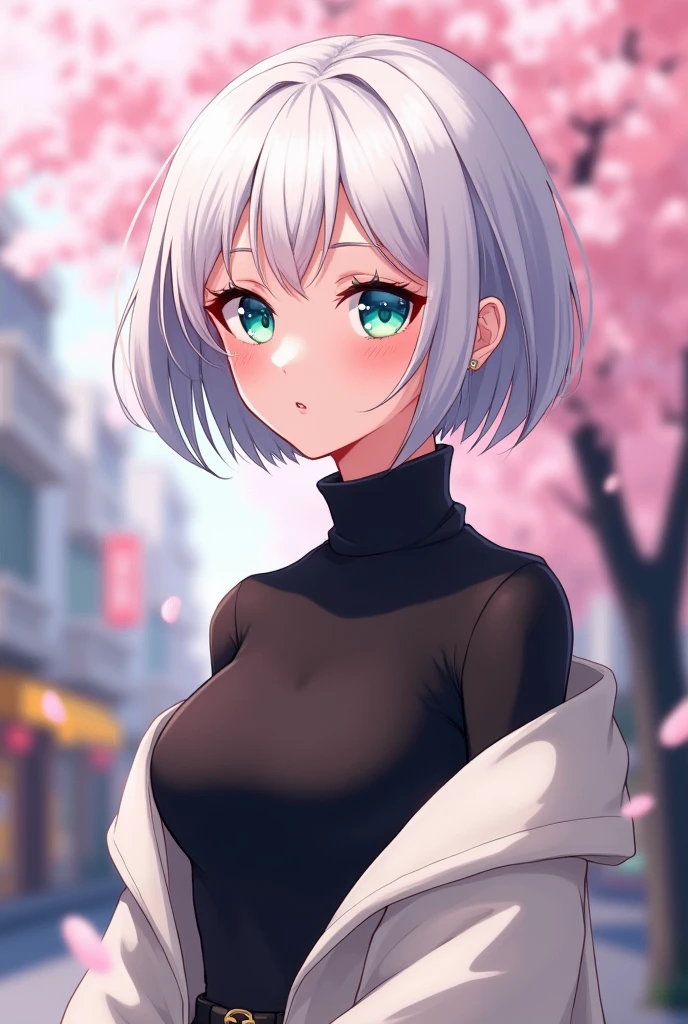 anime style, young adult woman, with one blue eye and one green eye, short white hair.
She is wearing a visible black turtleneck blouse and a white open-neck sweater.