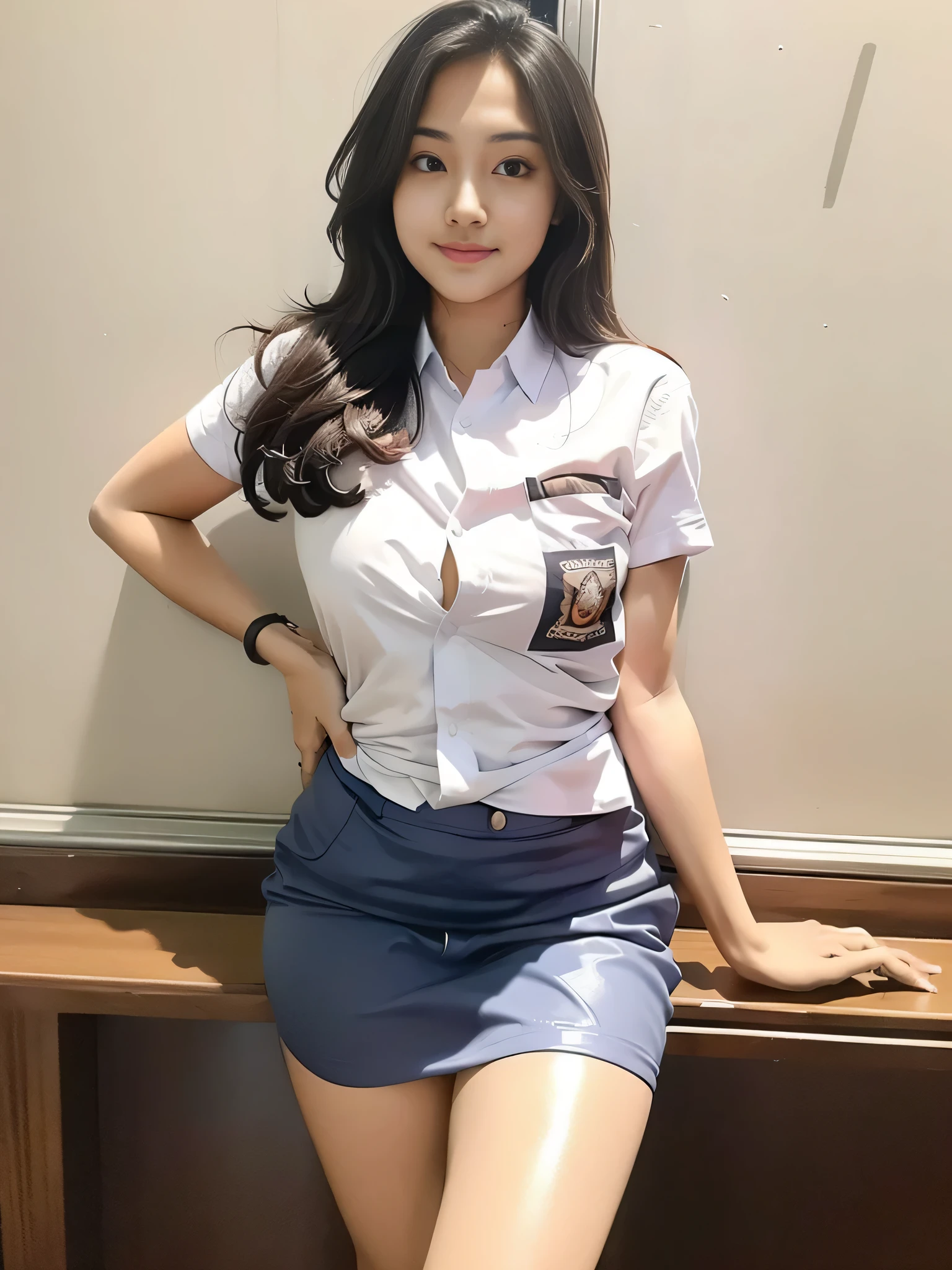 1girl, solo, (Indonesian_high_school_uniform), model pose, Classroom, bright light, detailed face, detailed eyes, amazed face expression, wide view, large breasts, semi-curvy, smooth realistic skin, hands behind back, looking at viewers, wearing white shirt, wearing grey blue very short miniskirt, (8k, RAW photo, best quality, masterpiece: 1.2), (realistic, realistic: 1.5), ultra-high resolution