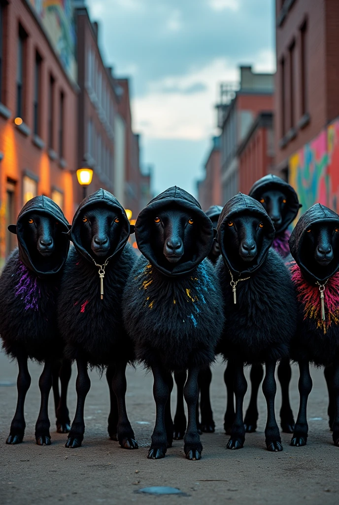 8 Black Sheep Animals .. dressed as a rap band without chains with black hoods .. and aggressive appearance